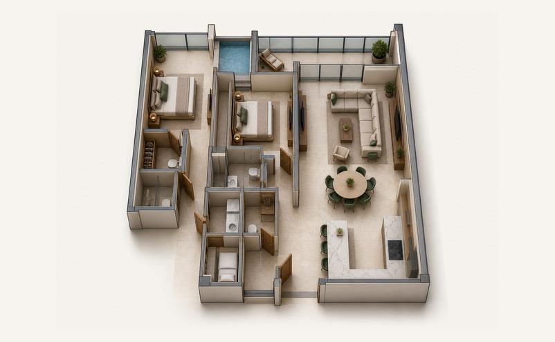Large pool duplex 3D layout