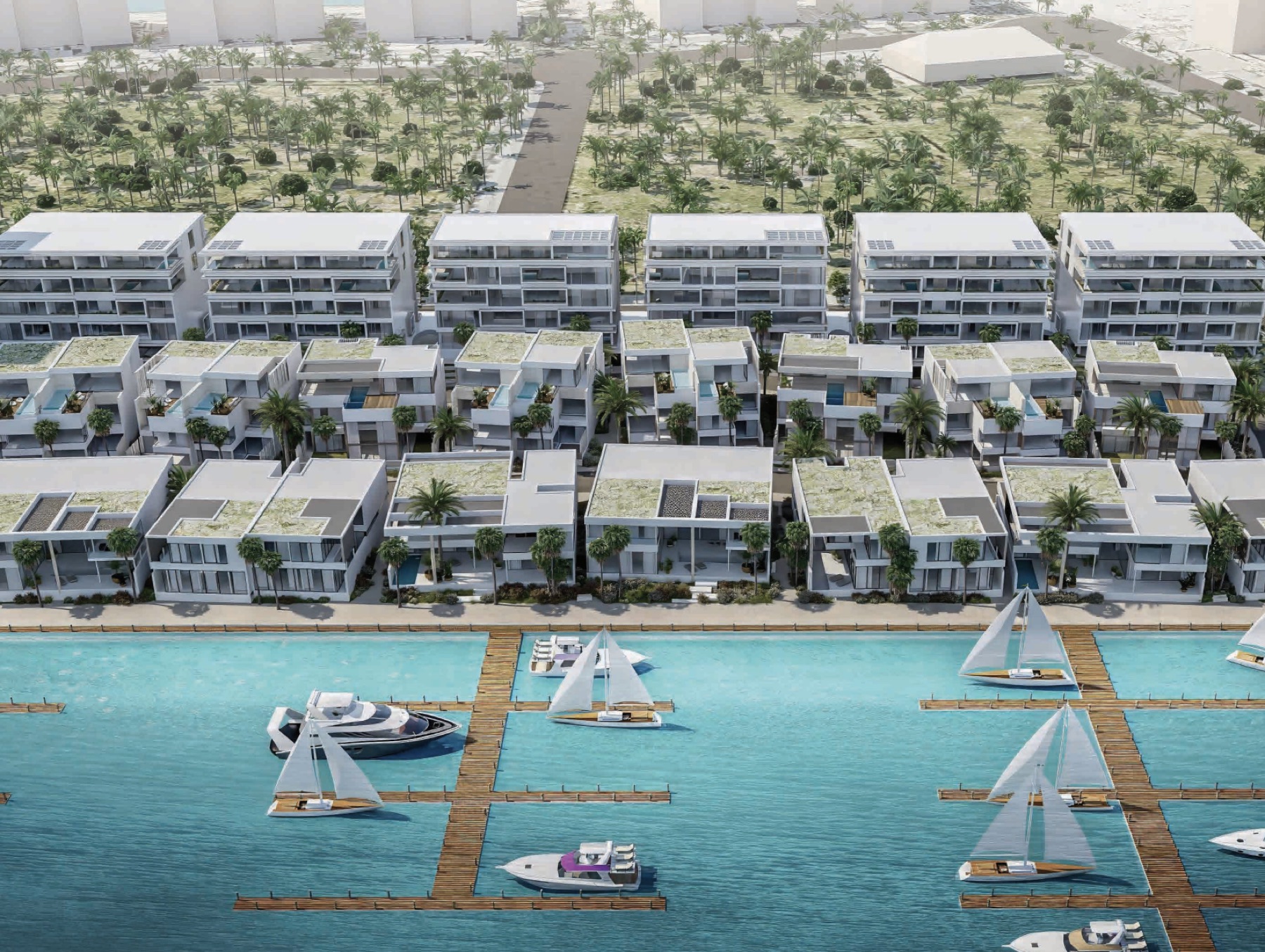 Aerial view of the marina by day