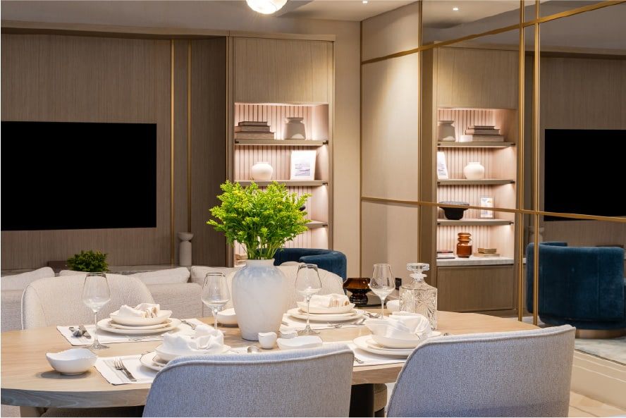 Dining area with illuminated display shelving