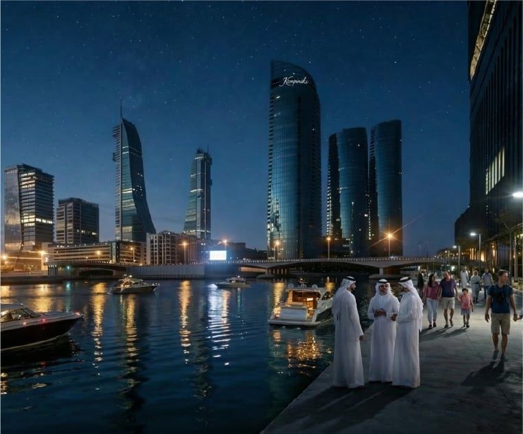 Bahrain Harbour marina at night with the Kempinski tower